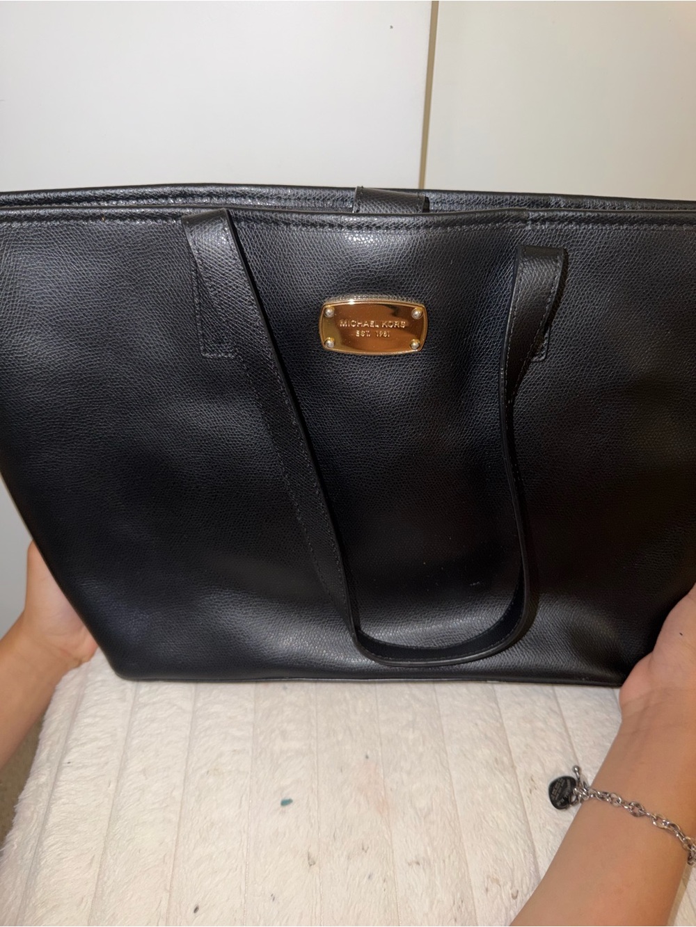 Michael Kors Black Leather Tote with Gold Plaque